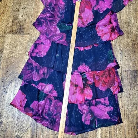 SLNY Womens Floral Flutter Party Sheath Chiffon Dress Black Red Pink Purple 14 - Picture 8 of 12